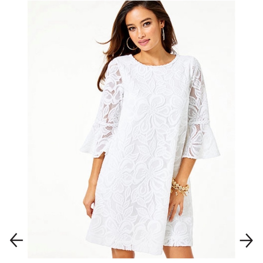 Lilly Pulitzer White Floral Ophelia Lace Shift Dress with Bell Sleeves
